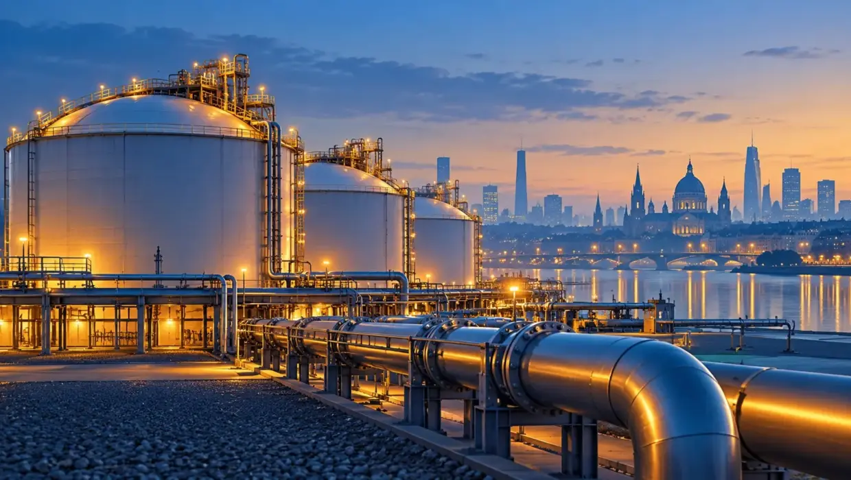Avrupa doğal gaz piyasasını temsil eden, depolama tankları ve boru hatlarının yapay zekâ ile oluşturulmuş illüstrasyonu