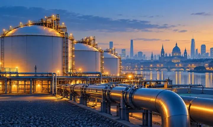 Avrupa doğal gaz piyasasını temsil eden, depolama tankları ve boru hatlarının yapay zekâ ile oluşturulmuş illüstrasyonu
