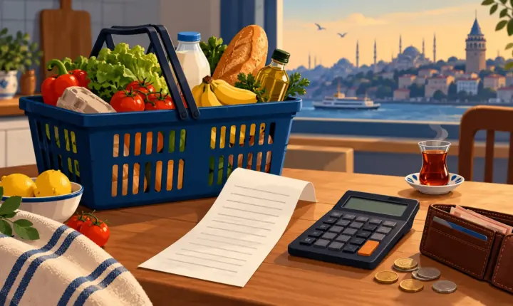 Alışveriş sepeti ve hesap makinesiyle ev bütçesini temsil eden yapay zekâ çizimi