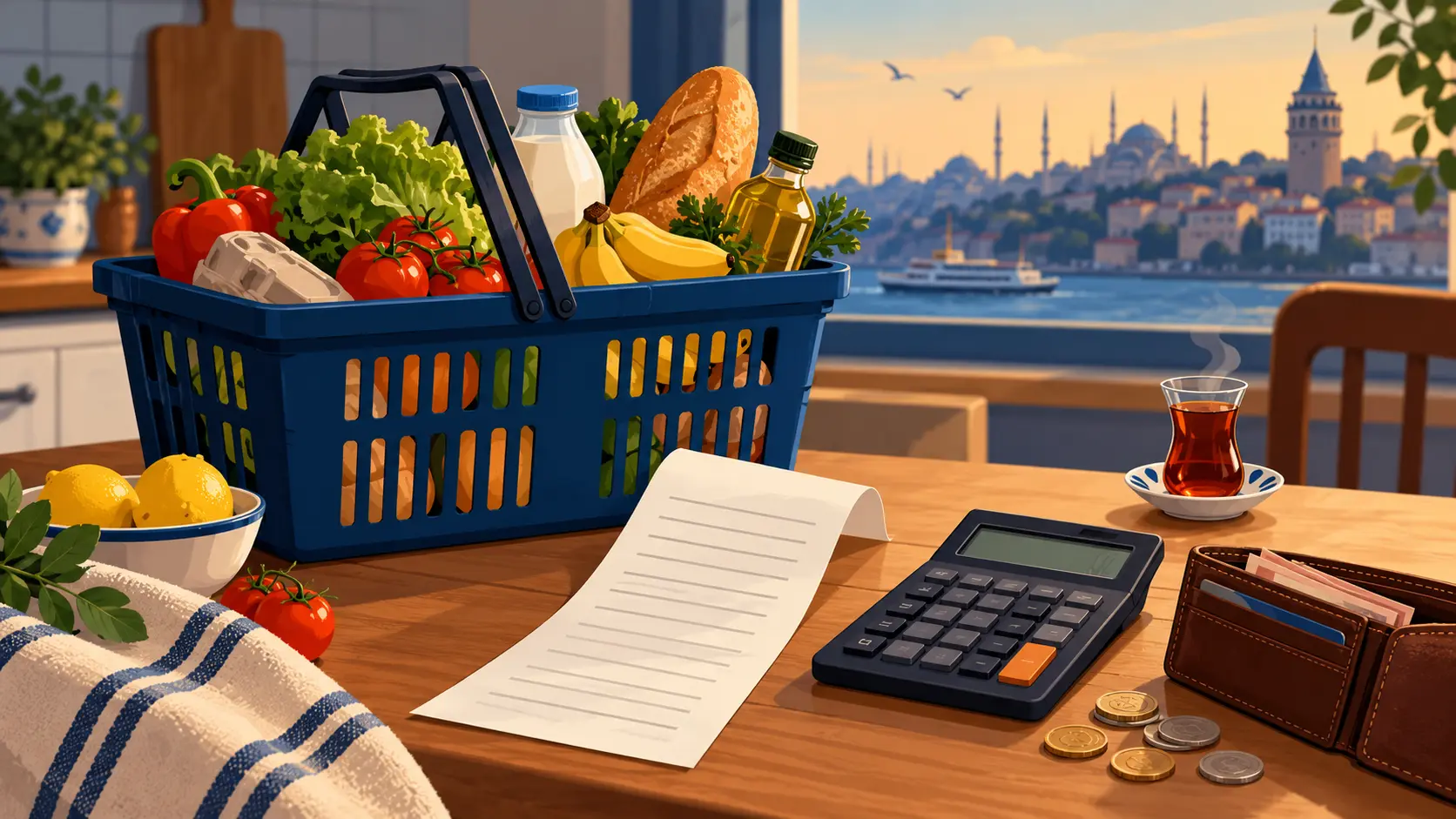 Alışveriş sepeti ve hesap makinesiyle ev bütçesini temsil eden yapay zekâ çizimi