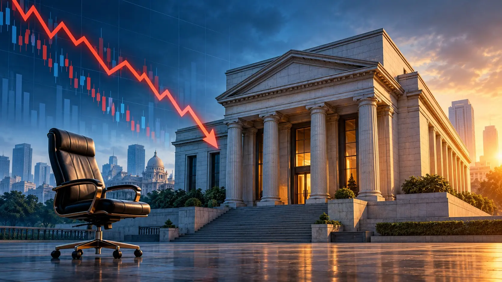 Banka yönetimindeki değişimi ve hisse düşüşünü temsil eden yapay zekâ illüstrasyonu