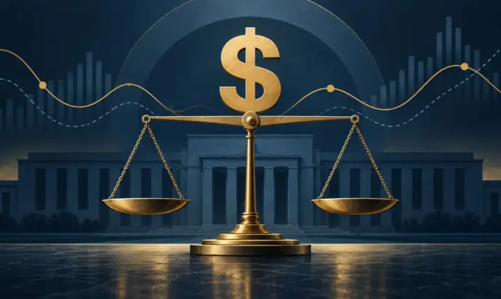 Fed faiz kararını simgeleyen dolar işareti ve terazi içeren yapay zekâ illüstrasyonu