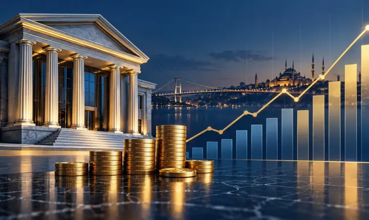 Banka bilançosunu simgeleyen para ve grafiklerden oluşan yapay zekâ illüstrasyonu