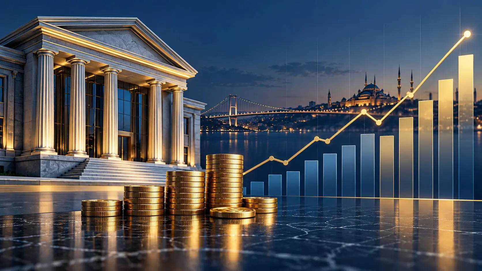 Banka bilançosunu simgeleyen para ve grafiklerden oluşan yapay zekâ illüstrasyonu
