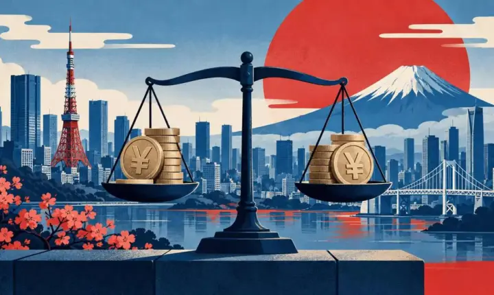 Japon yeni ve Tokyo siluetiyle para politikasını anlatan yapay zekâ illüstrasyonu