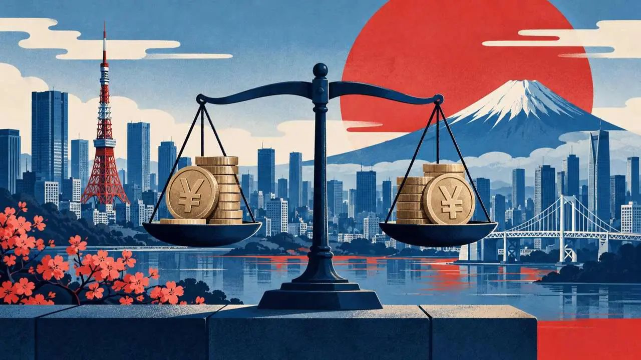 Japon yeni ve Tokyo siluetiyle para politikasını anlatan yapay zekâ illüstrasyonu
