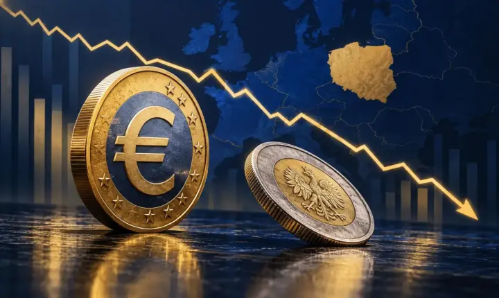 Euro ve Polonya parasını temsil eden madeni paralarla düşüş çizgisinin yapay zekâ illüstrasyonu
