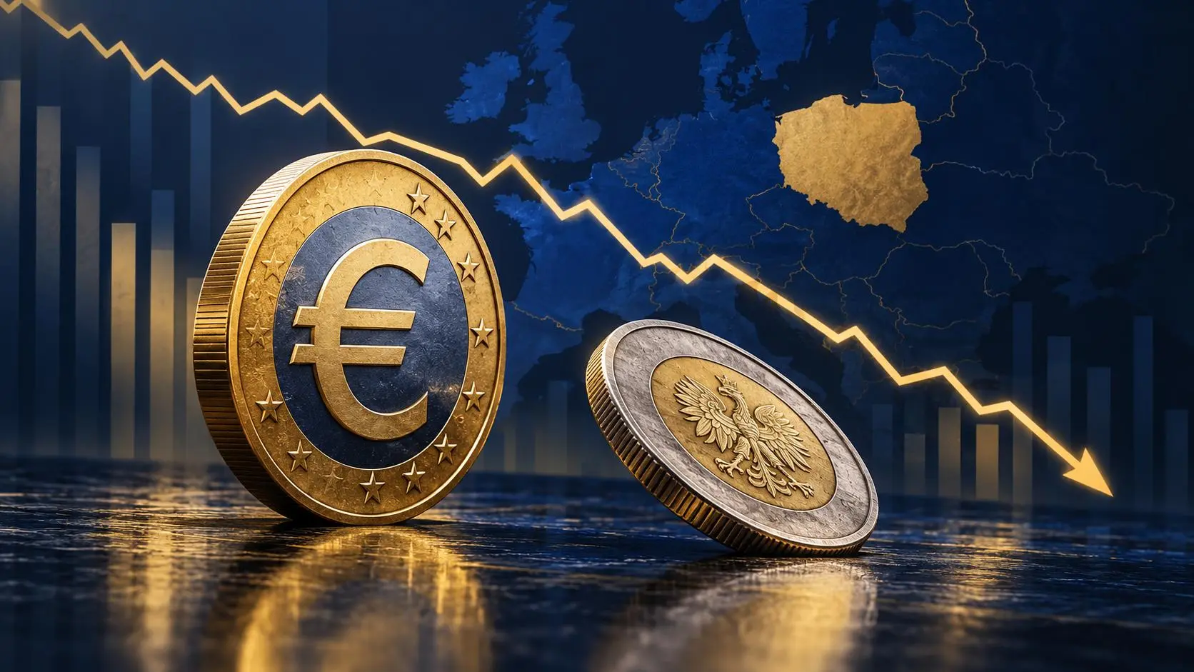 Euro ve Polonya parasını temsil eden madeni paralarla düşüş çizgisinin yapay zekâ illüstrasyonu